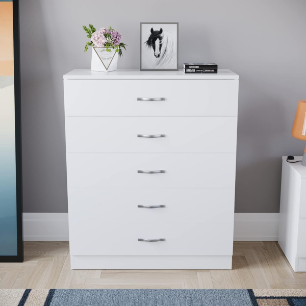 White Chest of Drawers, 5 Drawer With Metal Handles and Runners - Image 6