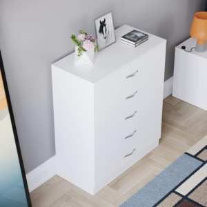 White Chest of Drawers, 5 Drawer With Metal Handles and Runners
