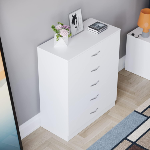 White Chest of Drawers, 5 Drawer With Metal Handles and Runners