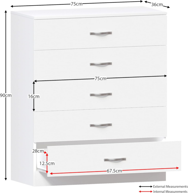 White Chest of Drawers, 5 Drawer With Metal Handles and Runners - Image 7
