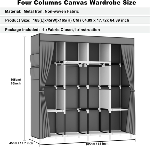 Canvas Wardrobe, Fabric Wardrobes With 4 Hanging Rails - Image 6