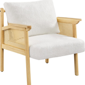 Accent Chair, Boucle Vanity Chair with Rattan Back&Arms Wood Armchair with Loose Back Pillow for Living Room Bedroom White