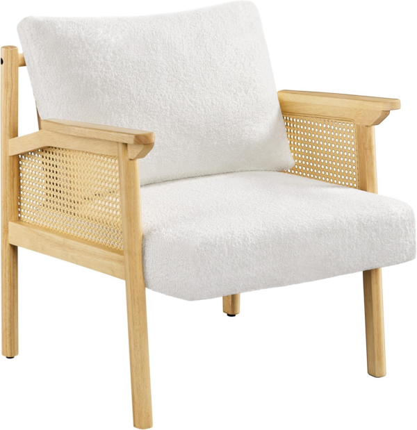 Accent Chair, Boucle Vanity Chair with Rattan Back&Arms Wood Armchair with Loose Back Pillow for Living Room Bedroom White