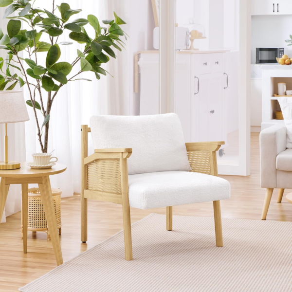 Accent Chair, Boucle Vanity Chair with Rattan Back&Arms Wood Armchair with Loose Back Pillow for Living Room Bedroom White - Image 9
