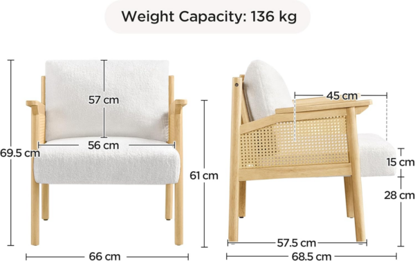 Accent Chair, Boucle Vanity Chair with Rattan Back&Arms Wood Armchair with Loose Back Pillow for Living Room Bedroom White - Image 8