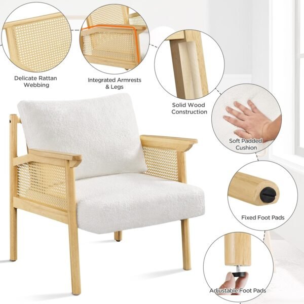 Accent Chair, Boucle Vanity Chair with Rattan Back&Arms Wood Armchair with Loose Back Pillow for Living Room Bedroom White - Image 7