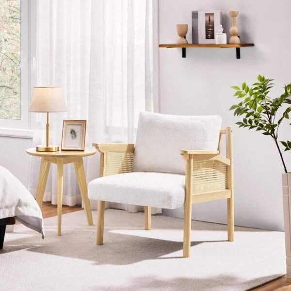 Accent Chair, Boucle Vanity Chair with Rattan Back&Arms Wood Armchair with Loose Back Pillow for Living Room Bedroom White - Image 4