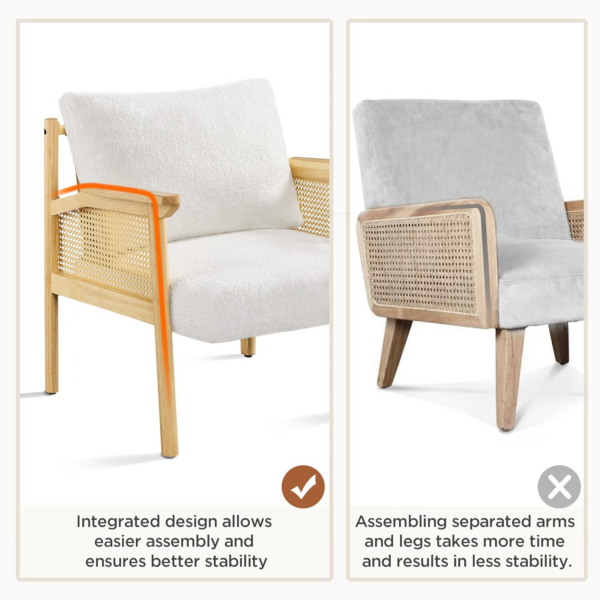 Accent Chair, Boucle Vanity Chair with Rattan Back&Arms Wood Armchair with Loose Back Pillow for Living Room Bedroom White - Image 3