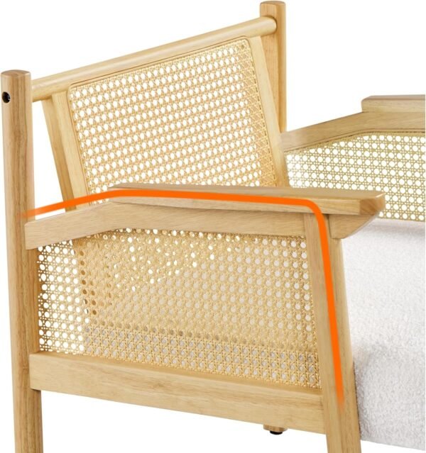 Accent Chair, Boucle Vanity Chair with Rattan Back&Arms Wood Armchair with Loose Back Pillow for Living Room Bedroom White - Image 2