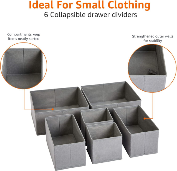 Collapsible Clothes Drawer Organisers / Dividers for Wardrobe Bedroom or Kitchen, Set of 6, Grey - Image 6