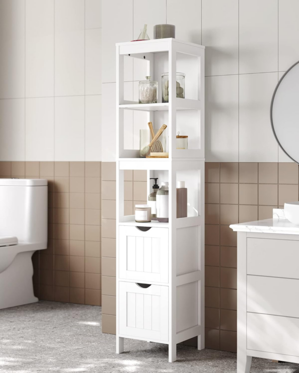 High Cabinet Bathroom Storage Cabinet with Legs Slim Column with 2 Drawers and 3 Open Compartments - Image 8