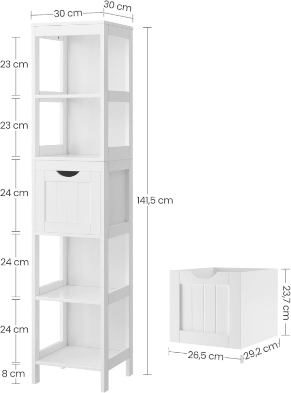 High Cabinet Bathroom Storage Cabinet with Legs Slim Column with 2 Drawers and 3 Open Compartments - Image 7