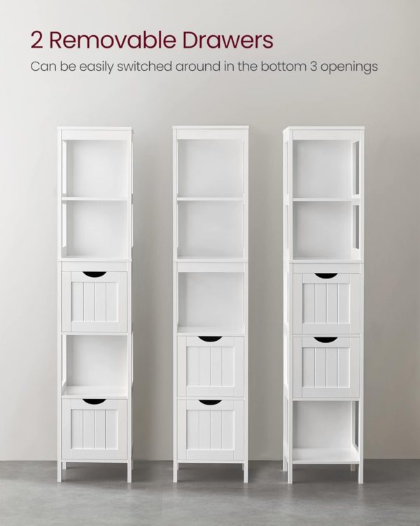 High Cabinet Bathroom Storage Cabinet with Legs Slim Column with 2 Drawers and 3 Open Compartments - Image 2