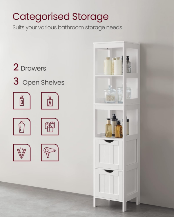 High Cabinet Bathroom Storage Cabinet with Legs Slim Column with 2 Drawers and 3 Open Compartments - Image 6