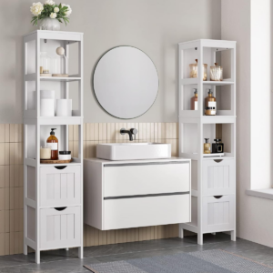 High Cabinet Bathroom Storage Cabinet with Legs Slim Column with 2 Drawers and 3 Open Compartments