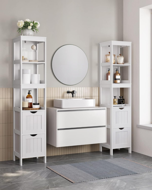 High Cabinet Bathroom Storage Cabinet with Legs Slim Column with 2 Drawers and 3 Open Compartments