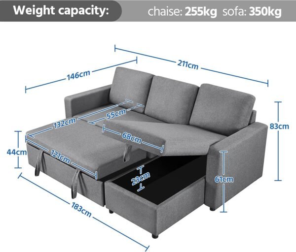 Sofa Bed L-Shaped Couch Sofa Corner Sofa 3 Seater Pull out Sofa Bed with Storage - Image 7