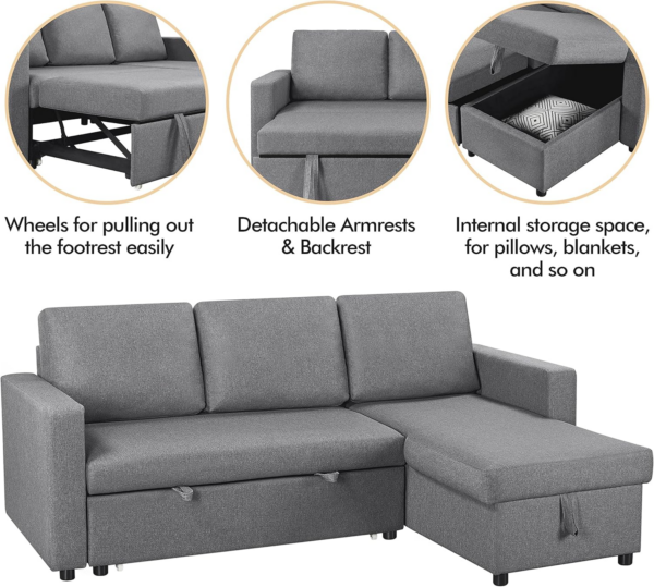 Sofa Bed L-Shaped Couch Sofa Corner Sofa 3 Seater Pull out Sofa Bed with Storage - Image 4