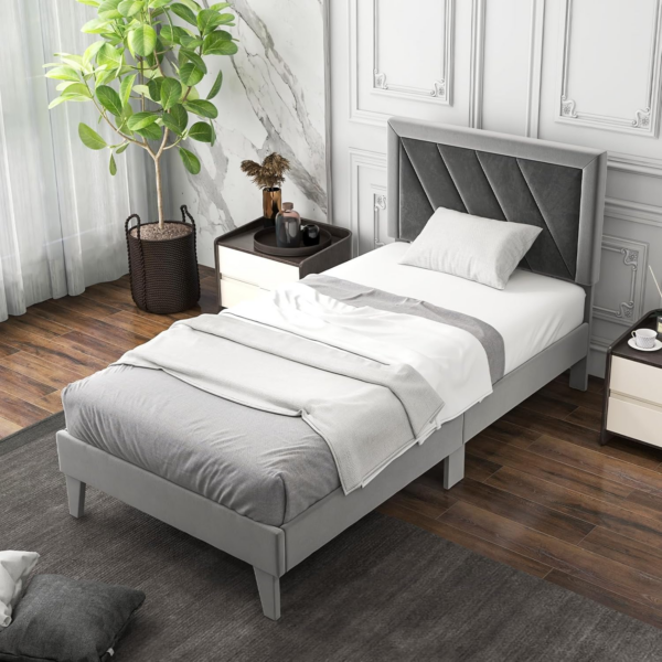 3FT/4FT6 Bed Frame, Single/Double Velvet Upholstered Platform Bed Frame with High Headboard - Image 9
