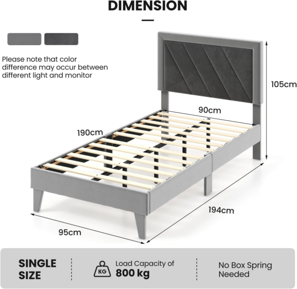 3FT/4FT6 Bed Frame, Single/Double Velvet Upholstered Platform Bed Frame with High Headboard - Image 8