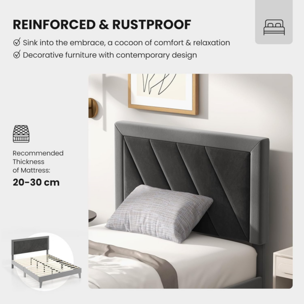 3FT/4FT6 Bed Frame, Single/Double Velvet Upholstered Platform Bed Frame with High Headboard - Image 6