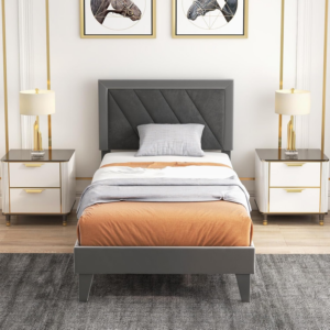 3FT/4FT6 Bed Frame, Single/Double Velvet Upholstered Platform Bed Frame with High Headboard