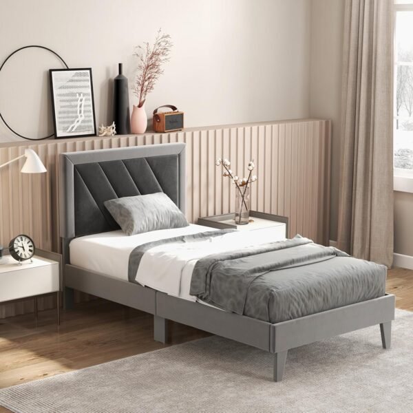 3FT/4FT6 Bed Frame, Single/Double Velvet Upholstered Platform Bed Frame with High Headboard - Image 3