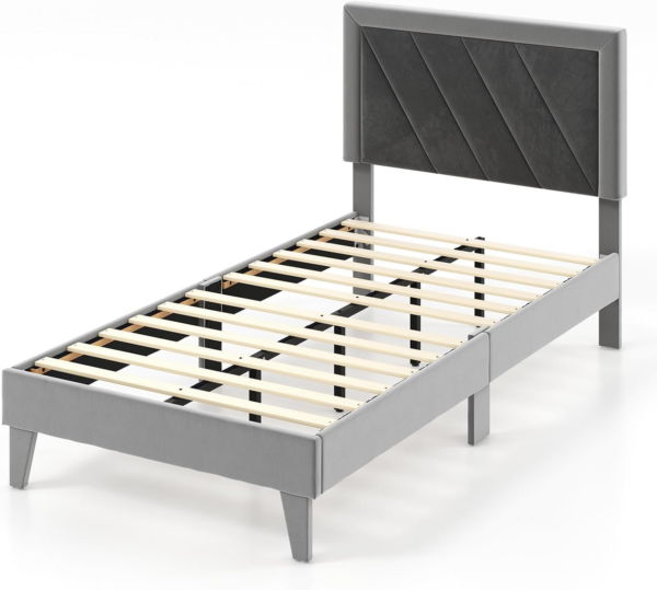3FT/4FT6 Bed Frame, Single/Double Velvet Upholstered Platform Bed Frame with High Headboard - Image 2