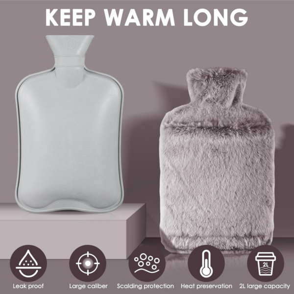 Hot Water Bottle with Luxury Cosy Faux Fur Cover,2L Leakproof Large Hot Water Bag for Neck - Image 7