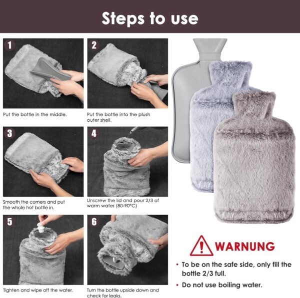 Hot Water Bottle with Luxury Cosy Faux Fur Cover,2L Leakproof Large Hot Water Bag for Neck - Image 3