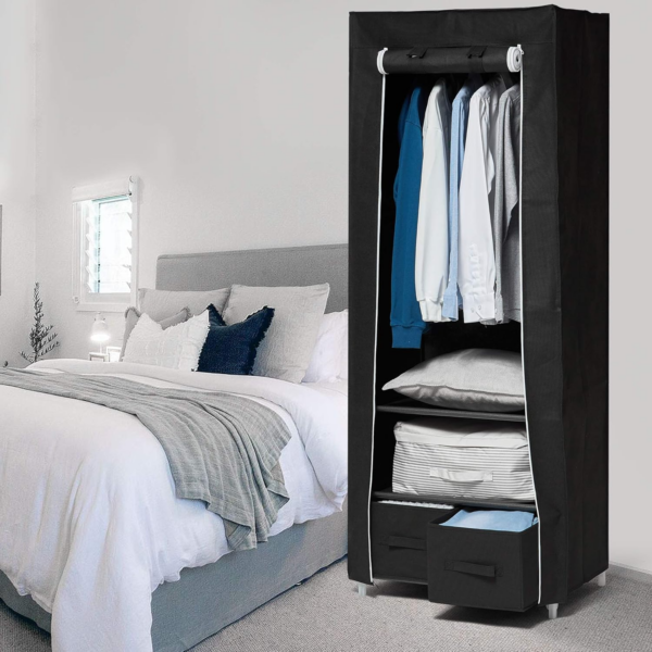 Portable Wardrobe Single Canvas Wardrobe Clothes Storage Organizer with 2 Drawers - Image 4