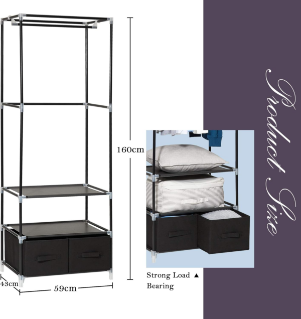 Portable Wardrobe Single Canvas Wardrobe Clothes Storage Organizer with 2 Drawers - Image 2
