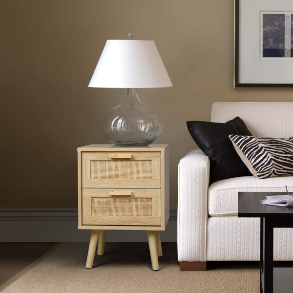 Bedside Table, Side Table with 2 Hand Made Rattan Decorated Drawers - Image 6