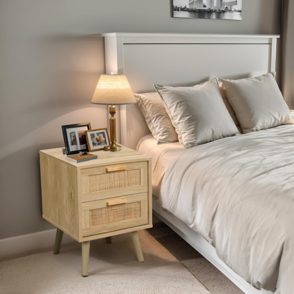 Bedside Table, Side Table with 2 Hand Made Rattan Decorated Drawers - Image 4
