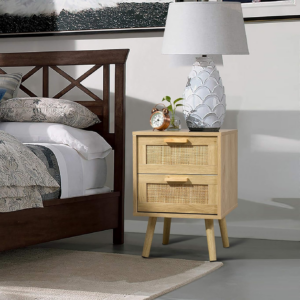 Bedside Table, Side Table with 2 Hand Made Rattan Decorated Drawers