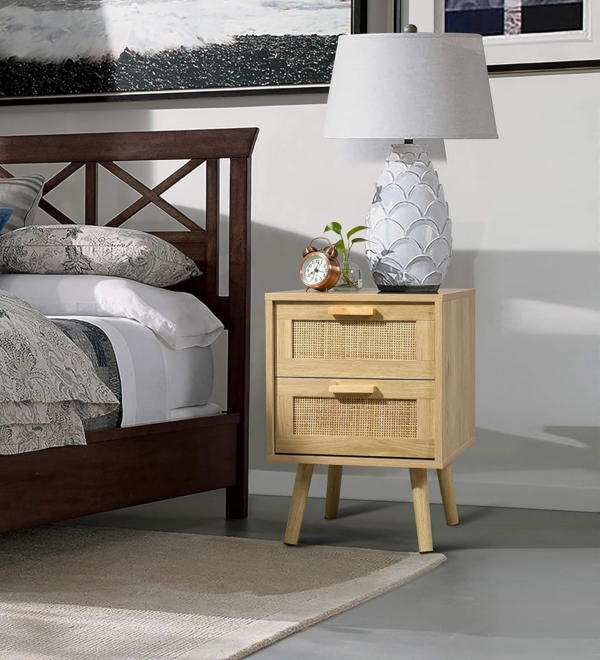 Bedside Table, Side Table with 2 Hand Made Rattan Decorated Drawers