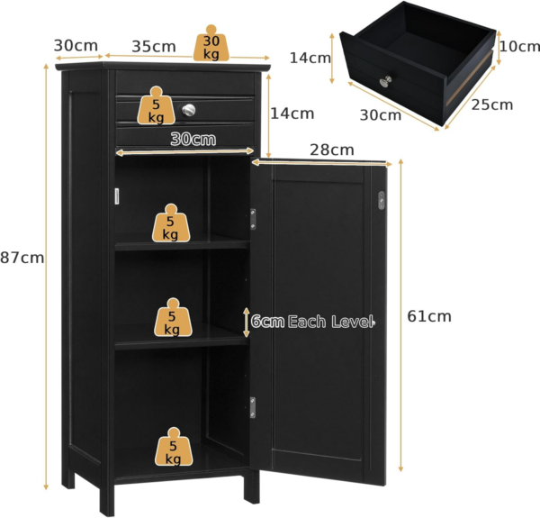 Bathroom Floor Cabinet, Wood Storage Cupboard with Drawer - Image 7