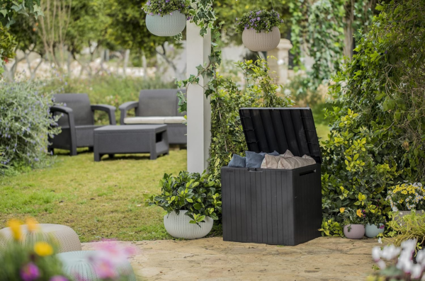 Outdoor 96% recycled Small Balcony Garden Furniture Storage Box Grey Wood Panel Effect - Image 3