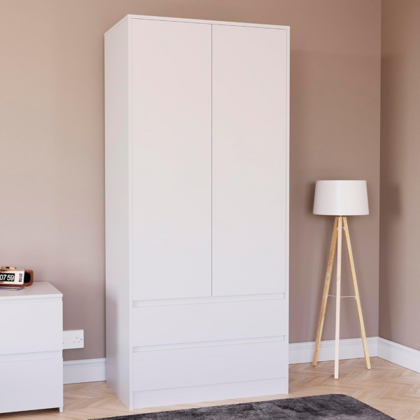 2 Door Wardrobe With 2 Drawers, Modren Bedroom Furniture (White) - Image 7