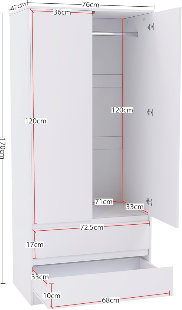 2 Door Wardrobe With 2 Drawers, Modren Bedroom Furniture (White) - Image 6