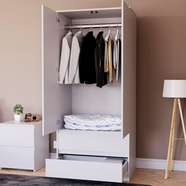 2 Door Wardrobe With 2 Drawers, Modren Bedroom Furniture (White) - Image 4