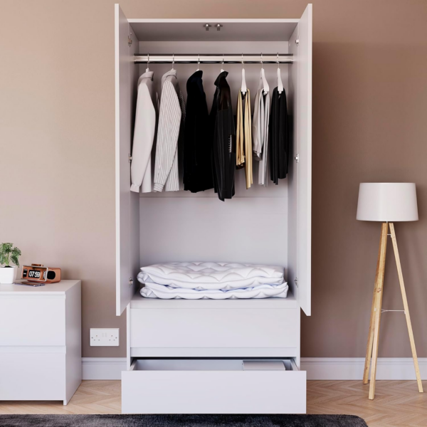 2 Door Wardrobe With 2 Drawers, Modren Bedroom Furniture (White) - Image 2