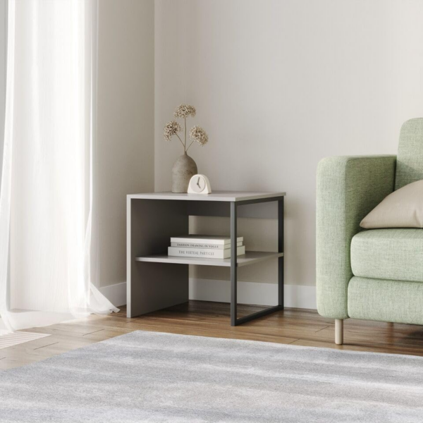 40cm Wood & Steel Sofa Side Table Bedside Living Room Unit with Open Storage Shelf - Image 4