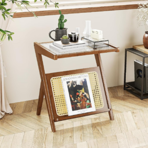 Rattan Side Table Boho NightStand Mid Century Modern End Table Glass