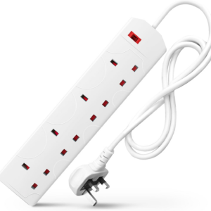 White Electric Extension Lead - 4 Gang, 1 Metre Cable with UK Plug & 3 Pin Socket