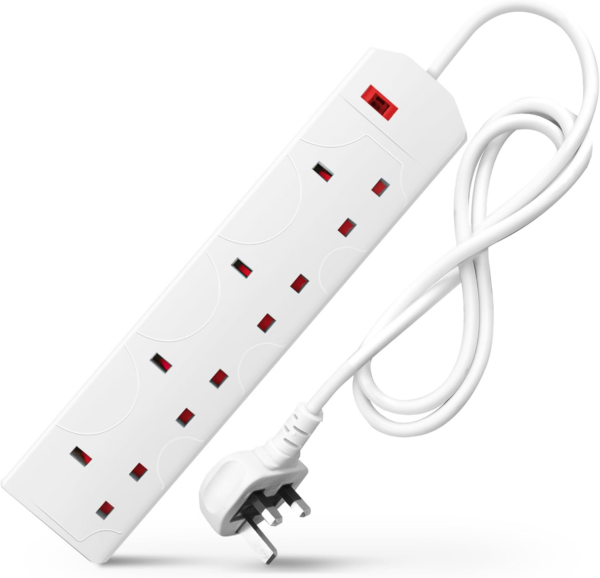 White Electric Extension Lead - 4 Gang, 1 Metre Cable with UK Plug & 3 Pin Socket