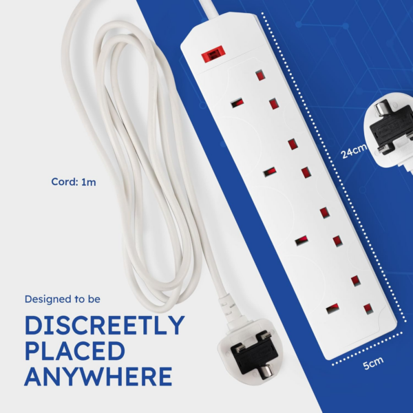 White Electric Extension Lead - 4 Gang, 1 Metre Cable with UK Plug & 3 Pin Socket - Image 6
