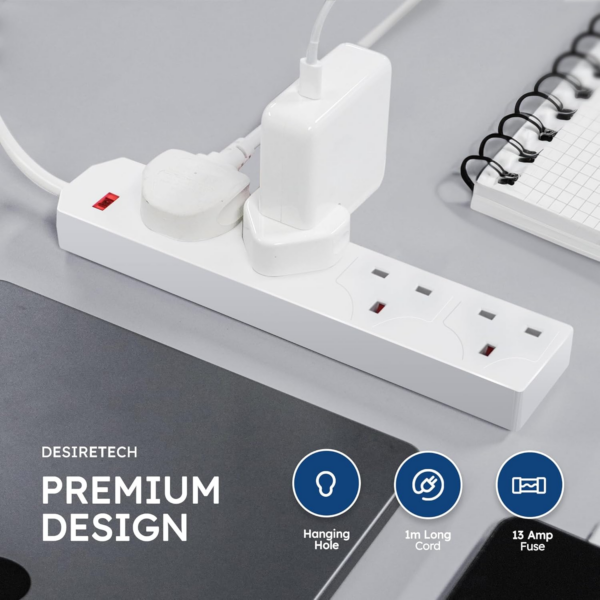 White Electric Extension Lead - 4 Gang, 1 Metre Cable with UK Plug & 3 Pin Socket - Image 5