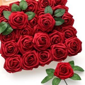 50Pcs Red Roses Artificial Flowers, Dark Red Roses Real Touch Foam Fake Roses