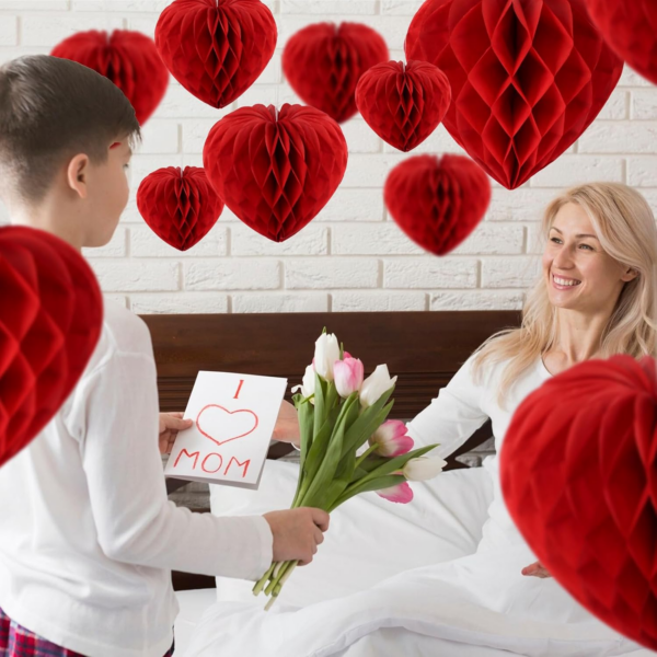 12 pcs Red Heart Paper Honeycomb Balls Valentines Decoration Kit Valentine's Day - Image 5